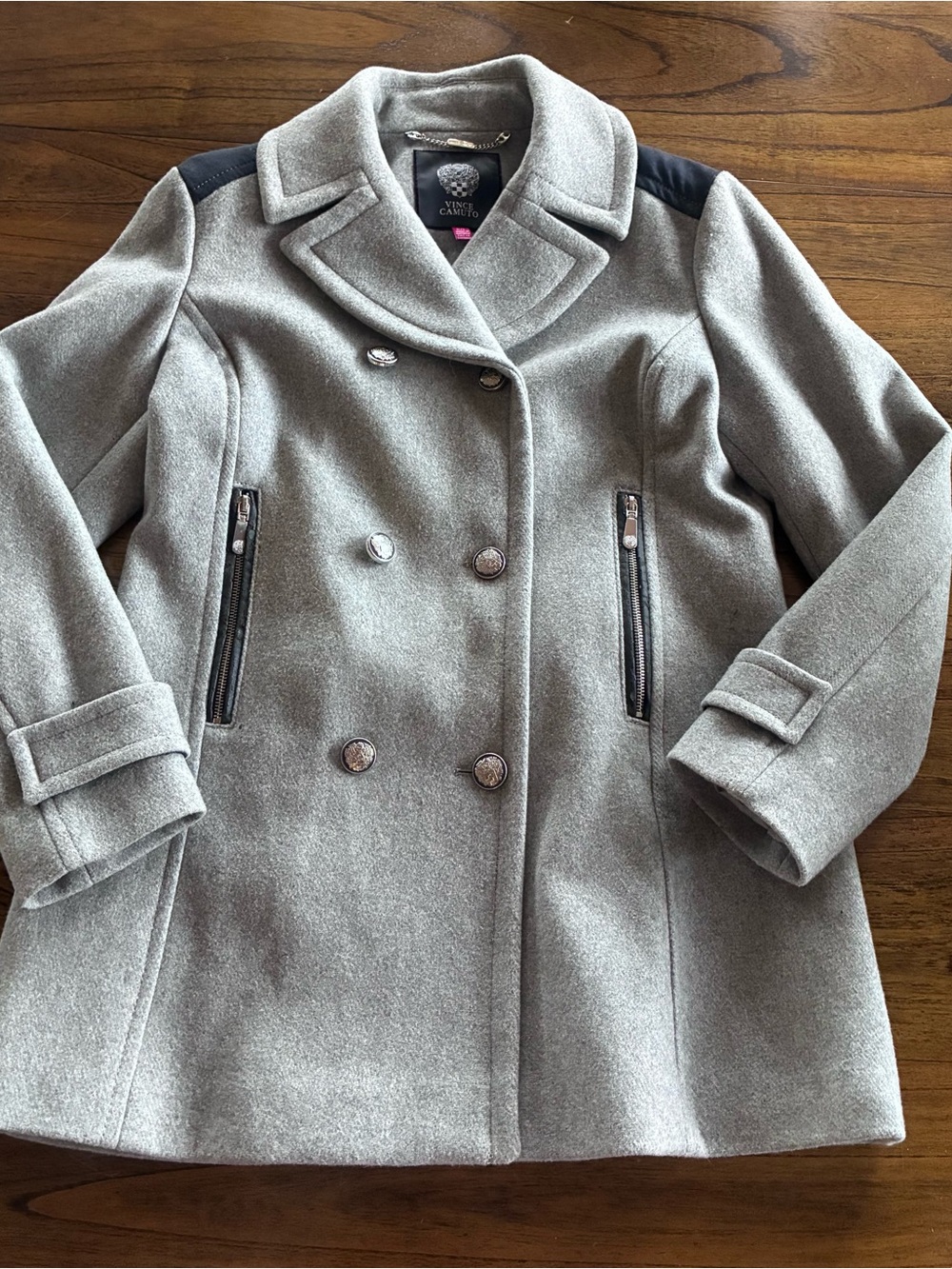 Vince Camuto Gray Double-Breasted Pea Coat with Black Shoulder Accents